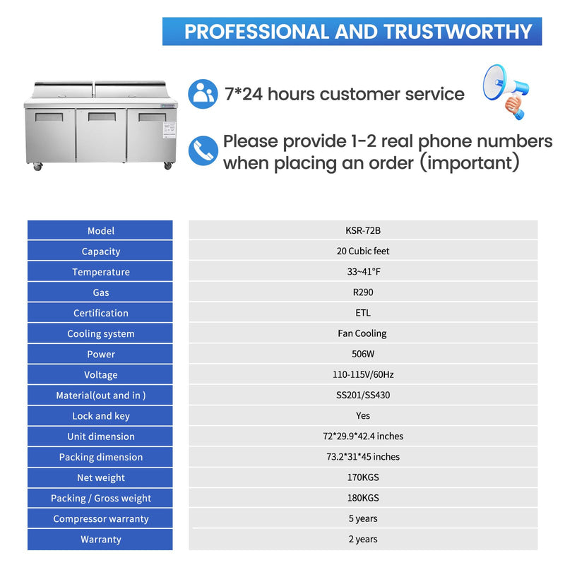 72" W 3 Door Refrigerator Sandwich Salad Prep Table Commercial Stainless Steel Fan Cooling Refrigerator with Cutting Board, 3 Shelves & 18 Pans for Restaurant, Bar, Shop-20 Cu.ft