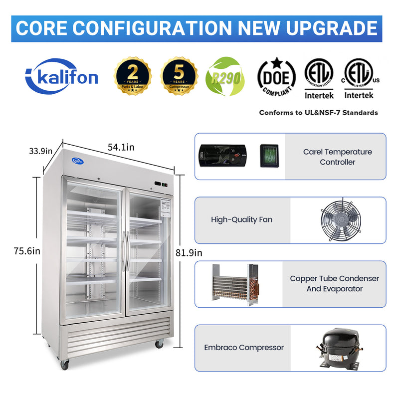 Commercial Glass 2 Door Display Refrigerator 49 Cu.Ft Beverage Cooler Merchandiser Upright with LED Light for Home Restaurant Grocery Stores