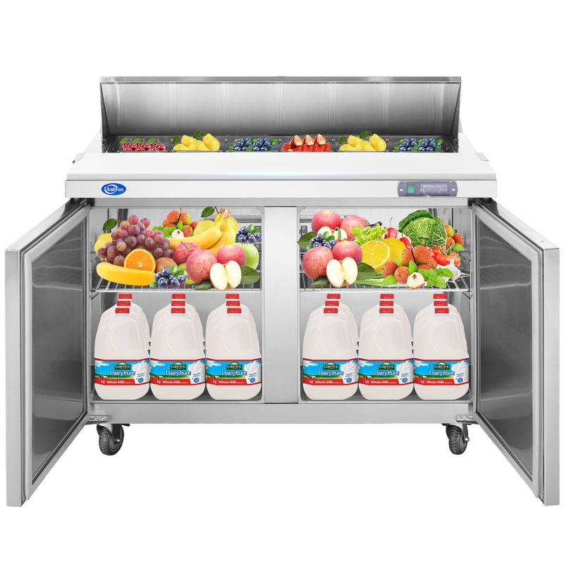 48" W 2 Door Refrigerator Sandwich Salad Prep Table Commercial Stainless Steel Fan Cooling Refrigerator with Cutting Board, 2 Shelves & 12 Pans for Restaurant, Bar, Shop-12.9 Cu.ft