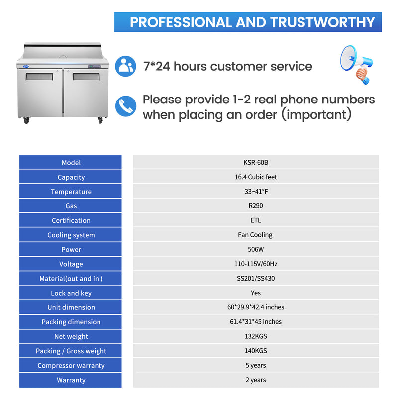 48" W 2 Door Refrigerator Sandwich Salad Prep Table Commercial Stainless Steel Fan Cooling Refrigerator with Cutting Board, 2 Shelves & 12 Pans for Restaurant, Bar, Shop-12.9 Cu.ft