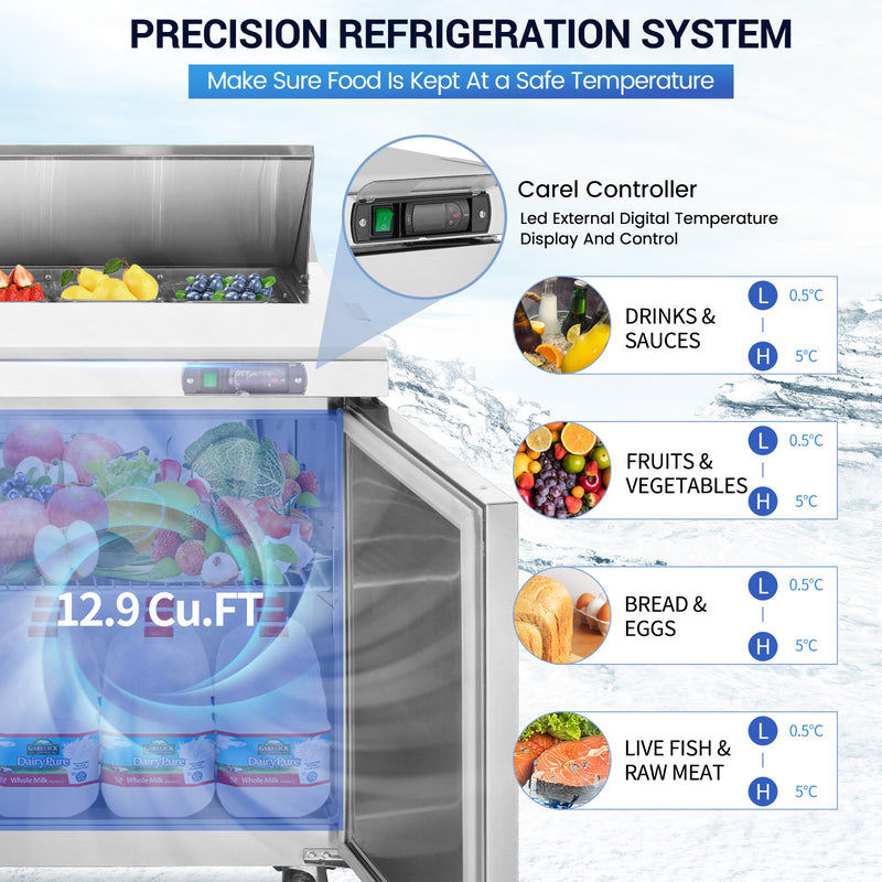 48" W 2 Door Refrigerator Sandwich Salad Prep Table Commercial Stainless Steel Fan Cooling Refrigerator with Cutting Board, 2 Shelves & 12 Pans for Restaurant, Bar, Shop-12.9 Cu.ft