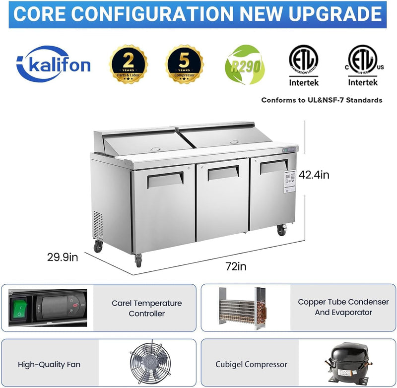 72" W 3 Door Refrigerator Sandwich Salad Prep Table Commercial Stainless Steel Fan Cooling Refrigerator with Cutting Board, 3 Shelves & 30 Pans for Restaurant, Bar, Shop-20 Cu.ft