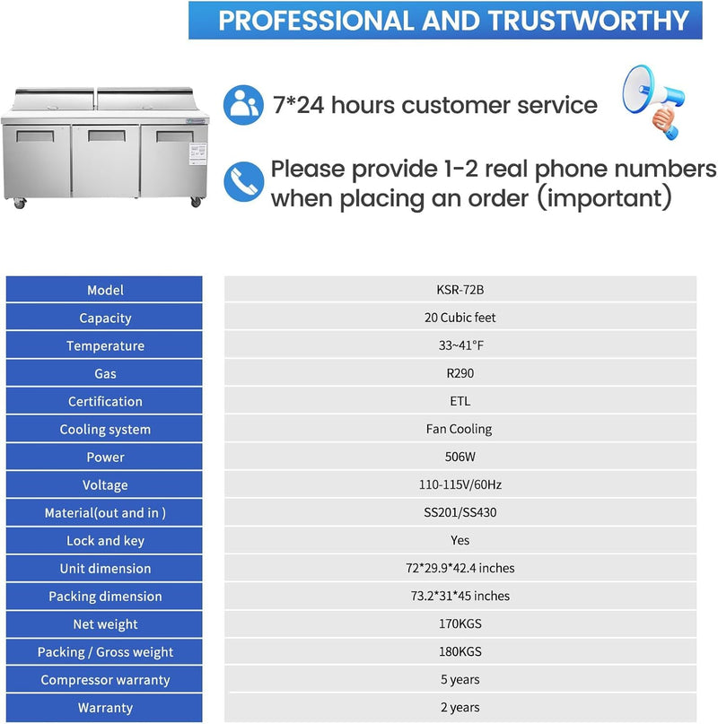 72" W 3 Door Refrigerator Sandwich Salad Prep Table Commercial Stainless Steel Fan Cooling Refrigerator with Cutting Board, 3 Shelves & 30 Pans for Restaurant, Bar, Shop-20 Cu.ft