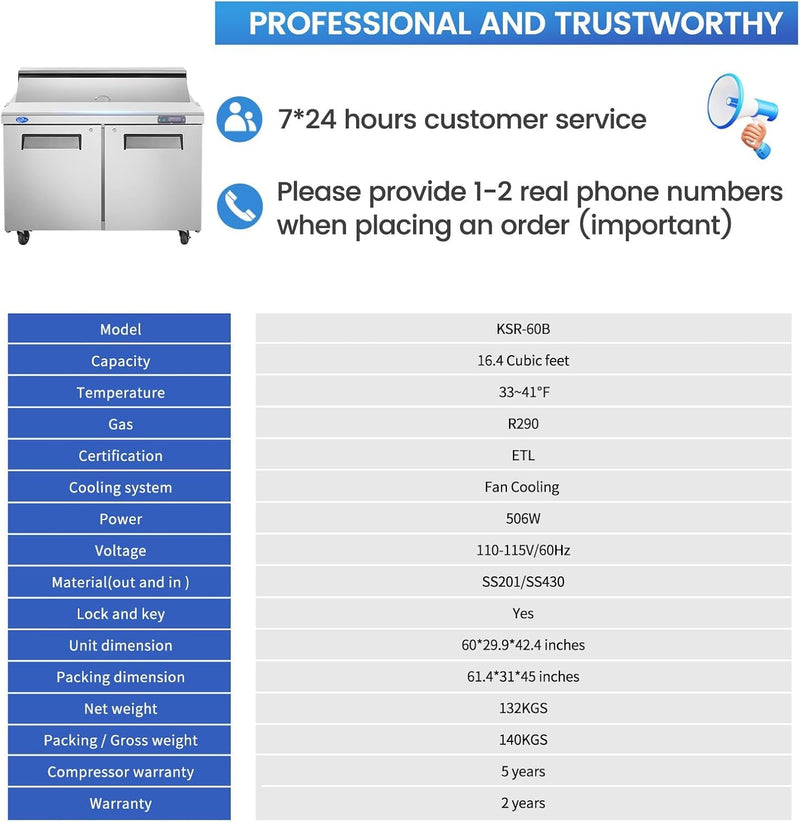 60" W 2 Door Refrigerator Sandwich Salad Prep Table Commercial Stainless Steel Fan Cooling Refrigerator with Cutting Board, 2 Shelves & 24 Pans for Restaurant, Bar, Shop-16.4 Cu.ft