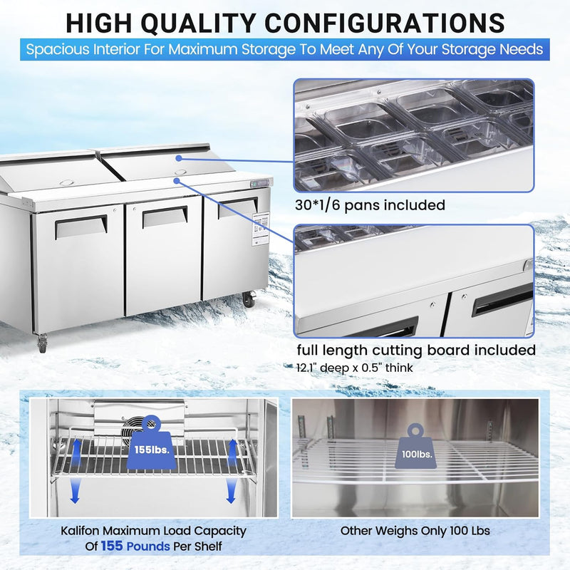 72" W 3 Door Refrigerator Sandwich Salad Prep Table Commercial Stainless Steel Fan Cooling Refrigerator with Cutting Board, 3 Shelves & 30 Pans for Restaurant, Bar, Shop-20 Cu.ft