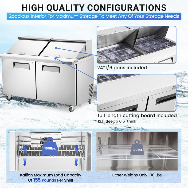 60" W 2 Door Refrigerator Sandwich Salad Prep Table Commercial Stainless Steel Fan Cooling Refrigerator with Cutting Board, 2 Shelves & 24 Pans for Restaurant, Bar, Shop-16.4 Cu.ft