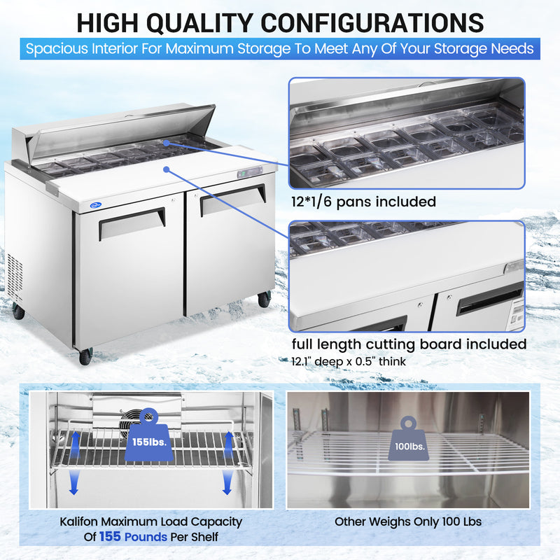 48" W 2 Door Refrigerator Sandwich Salad Prep Table Commercial Stainless Steel Fan Cooling Refrigerator with Cutting Board, 2 Shelves & 12 Pans for Restaurant, Bar, Shop-12.9 Cu.ft