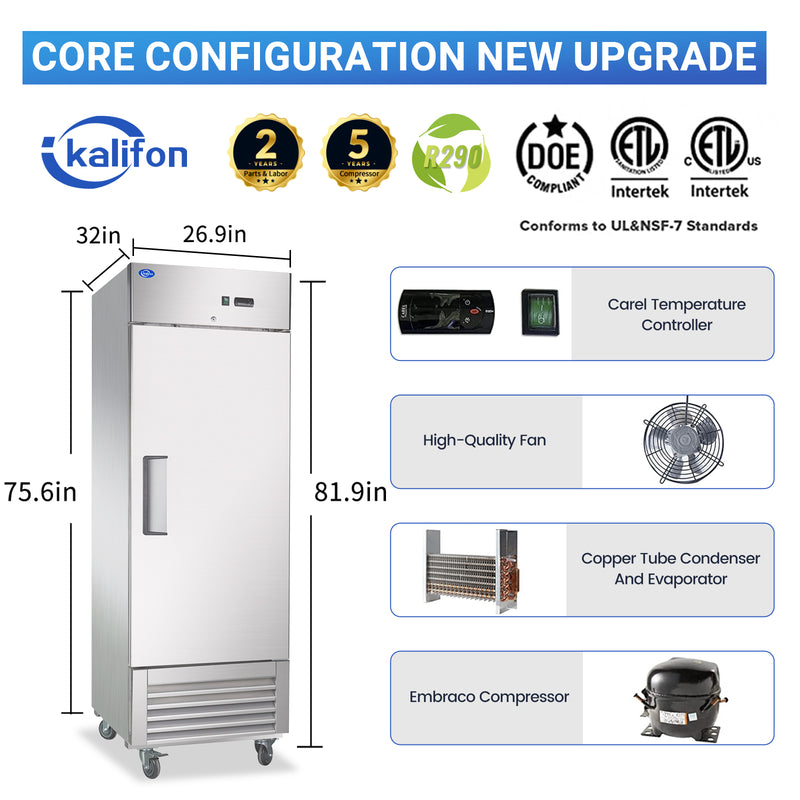 27" W Commercial Freezer, Reach-in 23 Cu.ft Stainless Steel Freezer with Single Solid Door, Upright Fan Cooling Freezer with 4 Adjustable Shelves, for Restaurant, Commercial Kitchen, Home