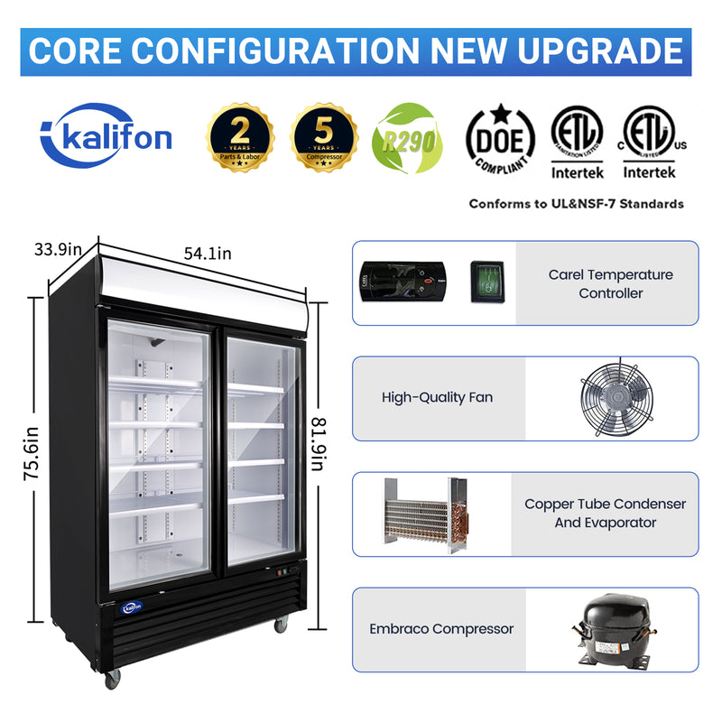 Commercial Glass 2 Door Display Refrigerator 49 Cu.Ft Beverage Cooler Merchandiser Upright with LED Light for Home Restaurant Grocery Stores