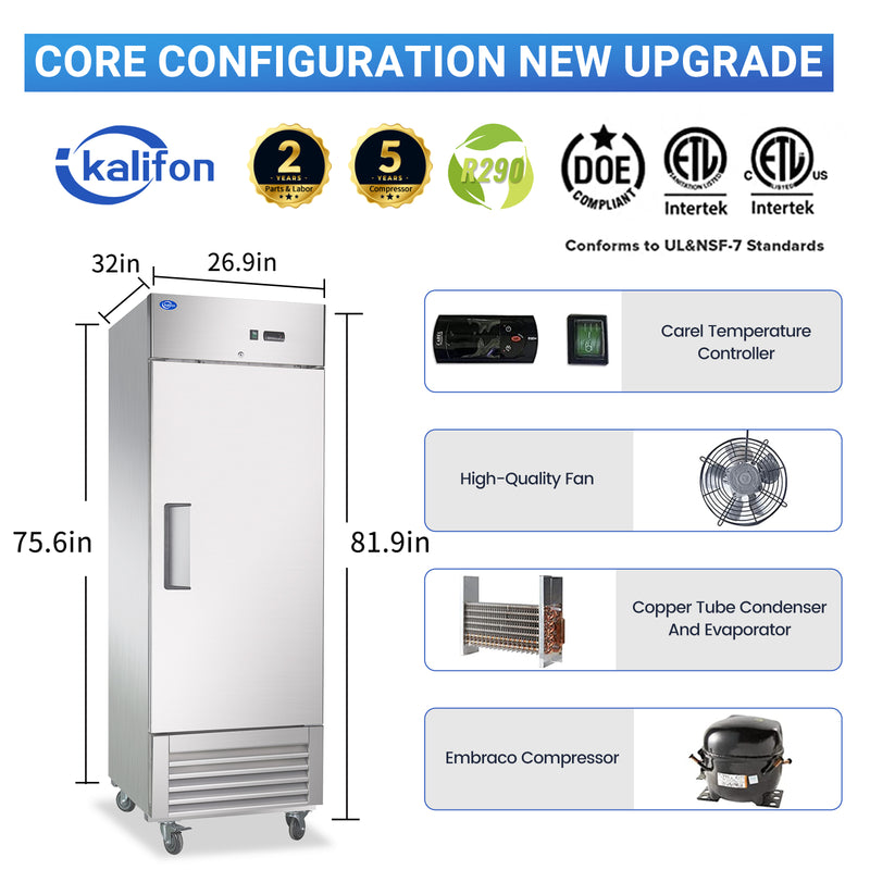 27" W Commercial Refrigerator 1 Solid Door, 23 Cu.ft Reach-in Stainless Steel Refrigerator, Upright Fan Cooling for Restaurant, Bar, Home, Shop (Equip 4 Shelves) Warehouse Shipments