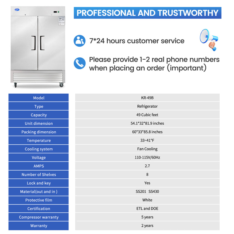 54" Commercial Refrigerator with 2 Solid Door, 49 Cu.ft Reach-in Stainless Steel Freezer, Fan Cooling Freezer for Restaurant, Bar, Home, Shop, and Business(Equip 8 Shelves)