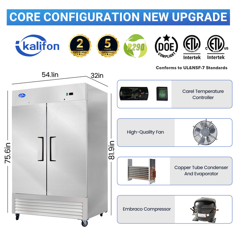 54" Commercial Refrigerator with 2 Solid Door, 49 Cu.ft Reach-in Stainless Steel Freezer, Fan Cooling Freezer for Restaurant, Bar, Home, Shop, and Business(Equip 8 Shelves)