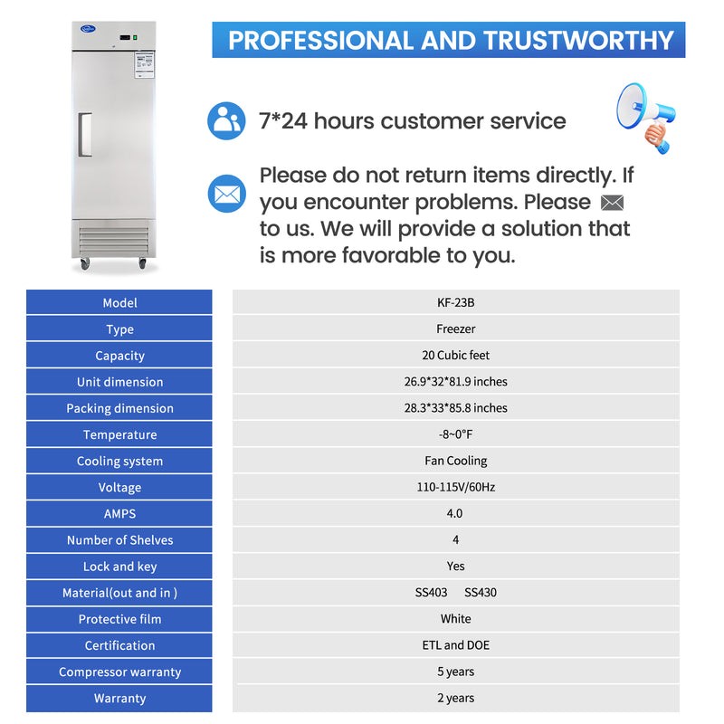 27" W Commercial Freezer, Reach-in 23 Cu.ft Stainless Steel Freezer with Single Solid Door, Upright Fan Cooling Freezer with 4 Adjustable Shelves, for Restaurant, Commercial Kitchen, Home