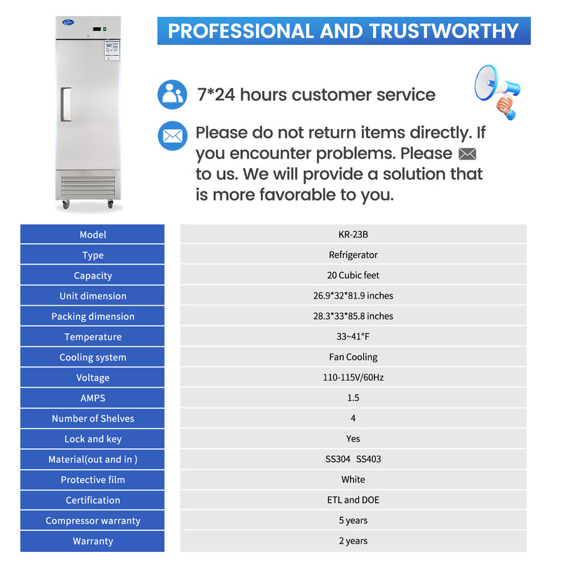 27" W Commercial Refrigerator 1 Solid Door, 23 Cu.ft Reach-in Stainless Steel Refrigerator, Upright Fan Cooling for Restaurant, Bar, Home, Shop (Equip 4 Shelves) Warehouse Shipments