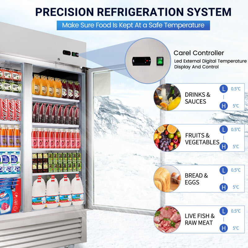 Commercial Glass 2 Door Display Refrigerator 49 Cu.Ft Beverage Cooler Merchandiser Upright with LED Light for Home Restaurant Grocery Stores