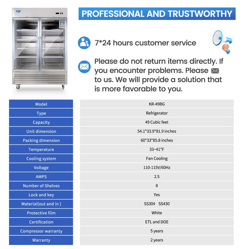 Commercial Glass 2 Door Display Refrigerator 49 Cu.Ft Beverage Cooler Merchandiser Upright with LED Light for Home Restaurant Grocery Stores